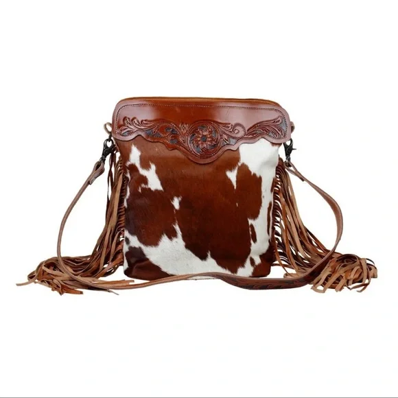XL Genuine Leather Crossbody Myra Bag, Hair~On Cowhide on Both Sides, Fringe - Picture 1 of 3